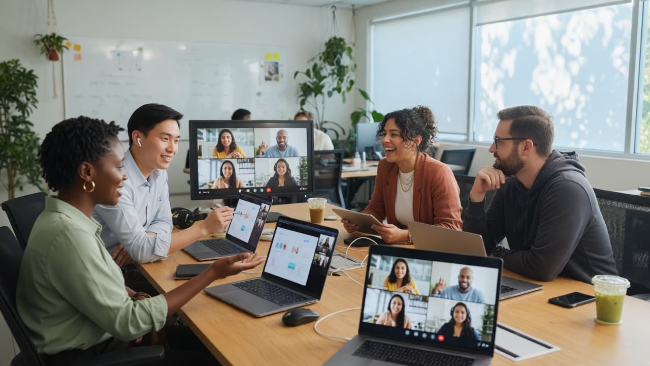 Professionals collaborating together in a modern workplace