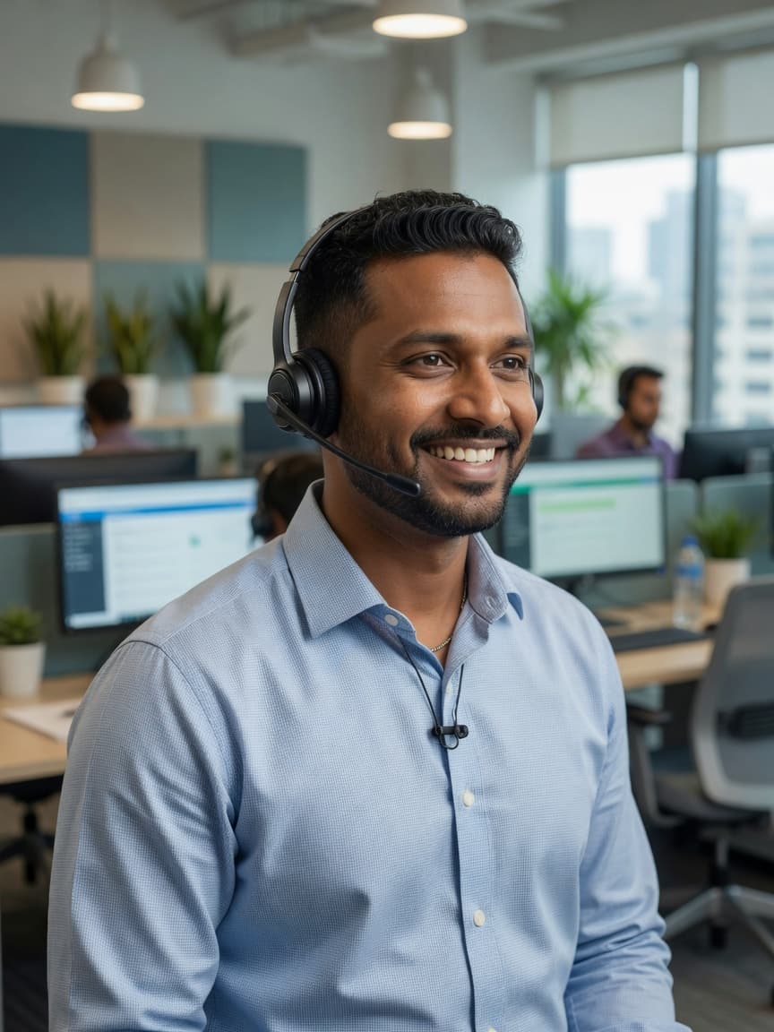 Contact center agent smiling while wearing a headset