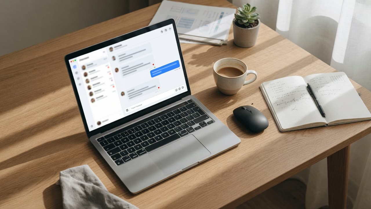 Laptop on a desk ready for team chat collaboration