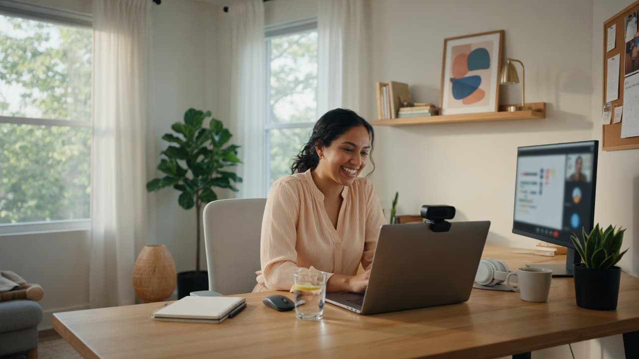 Professional joining a video call from a modern home office